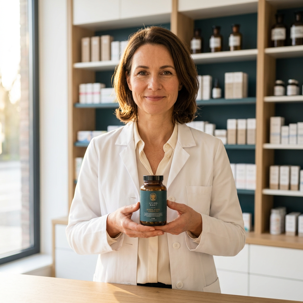 Apothekerin mit Living Root Basic Gold Complex im Braunglas hinter dem Apothekentresen