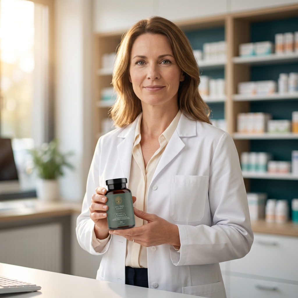 Apothekerin mit Living Root Reset C Complex im Braunglas hinter dem Apothekentresen