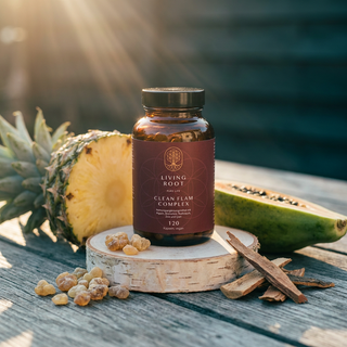 Living Root Clean Flam Complex im Braunglas mit Ananas, Papaya und Weihrauchharz