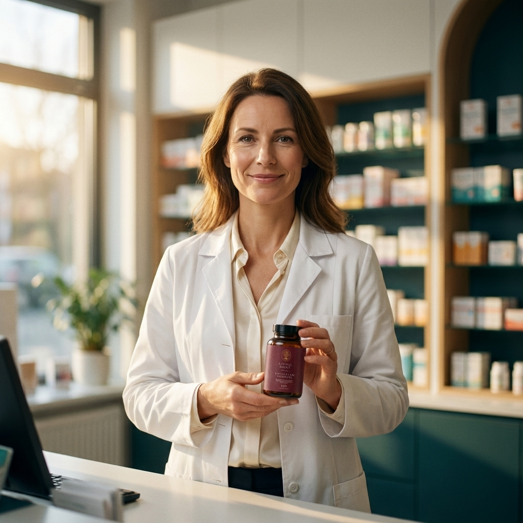 Apothekerin mit Living Root Clean Flam Complex im Braunglas