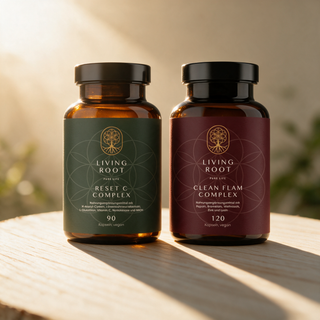 Living Root Detox Bundle - Reset C Complex und Clean Flam Complex im Braunglas auf Birkenholz