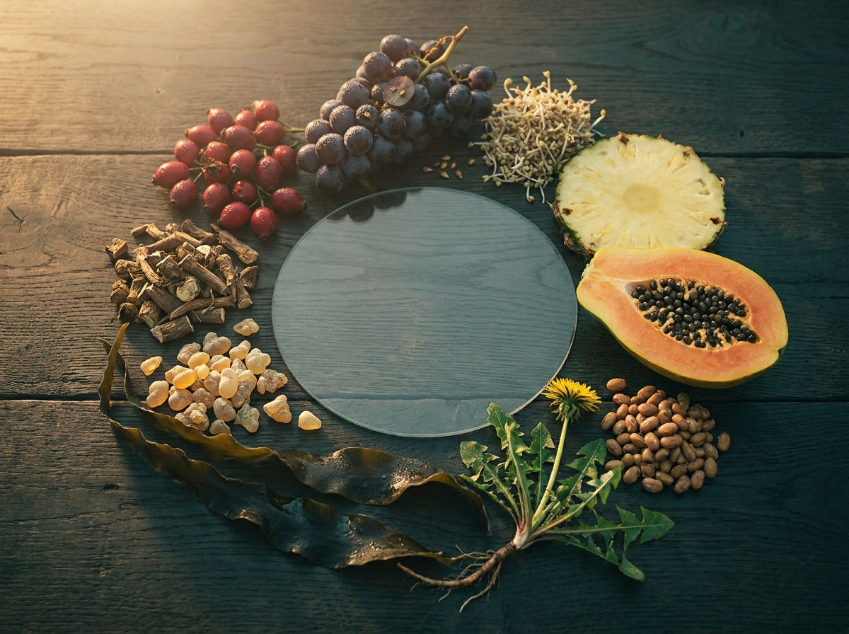 Natürliche Rohstoffe im Kreis: Hagebutten, Trauben, Quinoasprossen, Ananas, Papaya, Natto, Löwenzahn, Kelp und Weihrauch