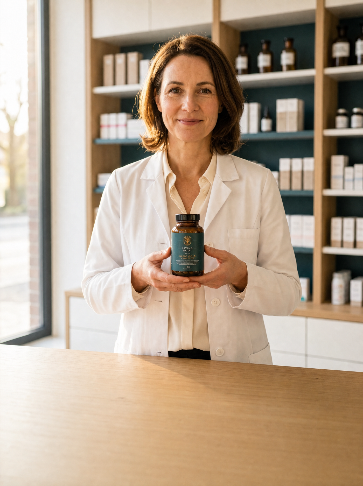 Apothekerin hält Living Root Basic Gold Complex im Braunglas hinter dem Apothekentresen