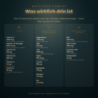 Die Wirkstoffe im Basic Gold Complex mit Mengenangaben pro Tagesdosis