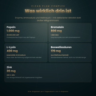 Die fünf Wirkstoffe im Clean Flam Complex mit Mengenangaben pro Tagesdosis