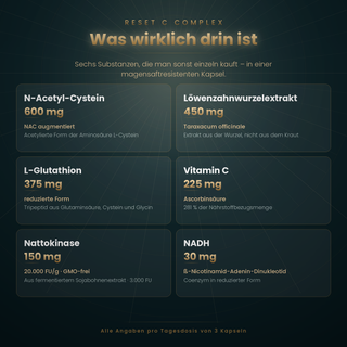Die sechs Wirkstoffe im Reset C Complex mit Mengenangaben pro Tagesdosis