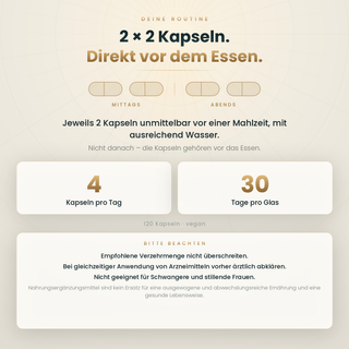 Einnahme Clean Flam Complex: 2 mal 2 Kapseln unmittelbar vor einer Mahlzeit
