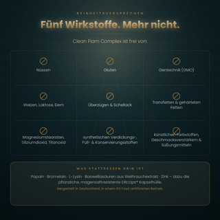 Clean Flam Complex ist frei von Gluten, Gentechnik und synthetischen Zusatzstoffen