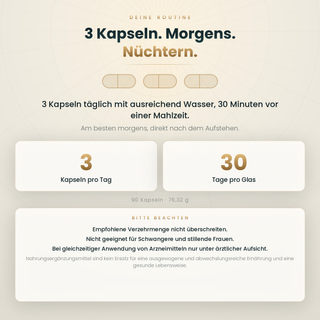 Einnahme Reset C Complex: 3 Kapseln morgens nüchtern, 30 Minuten vor einer Mahlzeit